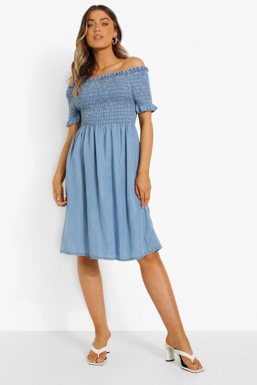 Shirred Off The Shoulder Denim Dress